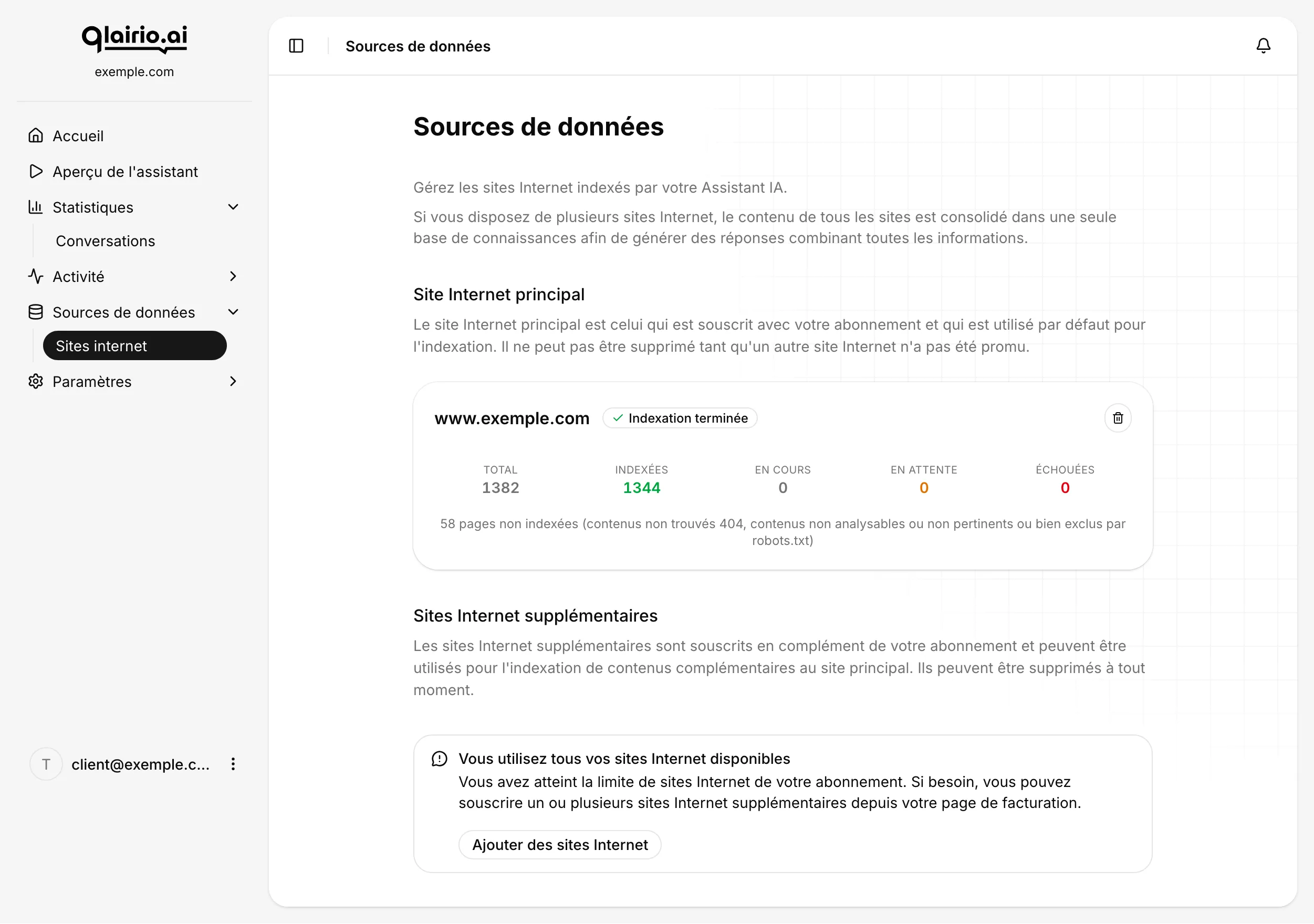 Écran Sources de données : site principal et état de son indexation