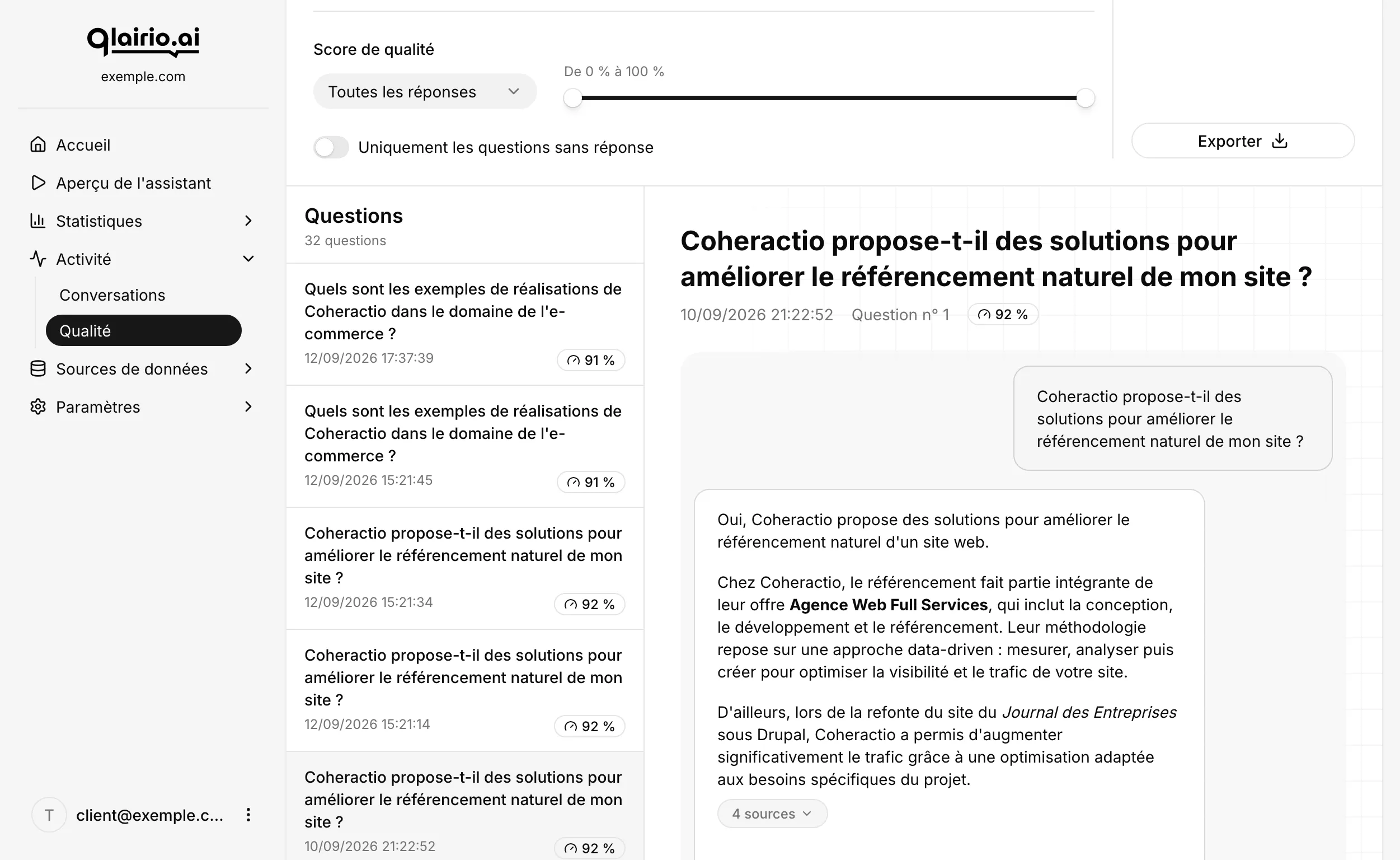 Écran Qualité : liste des questions avec leur score et détail d’un échange